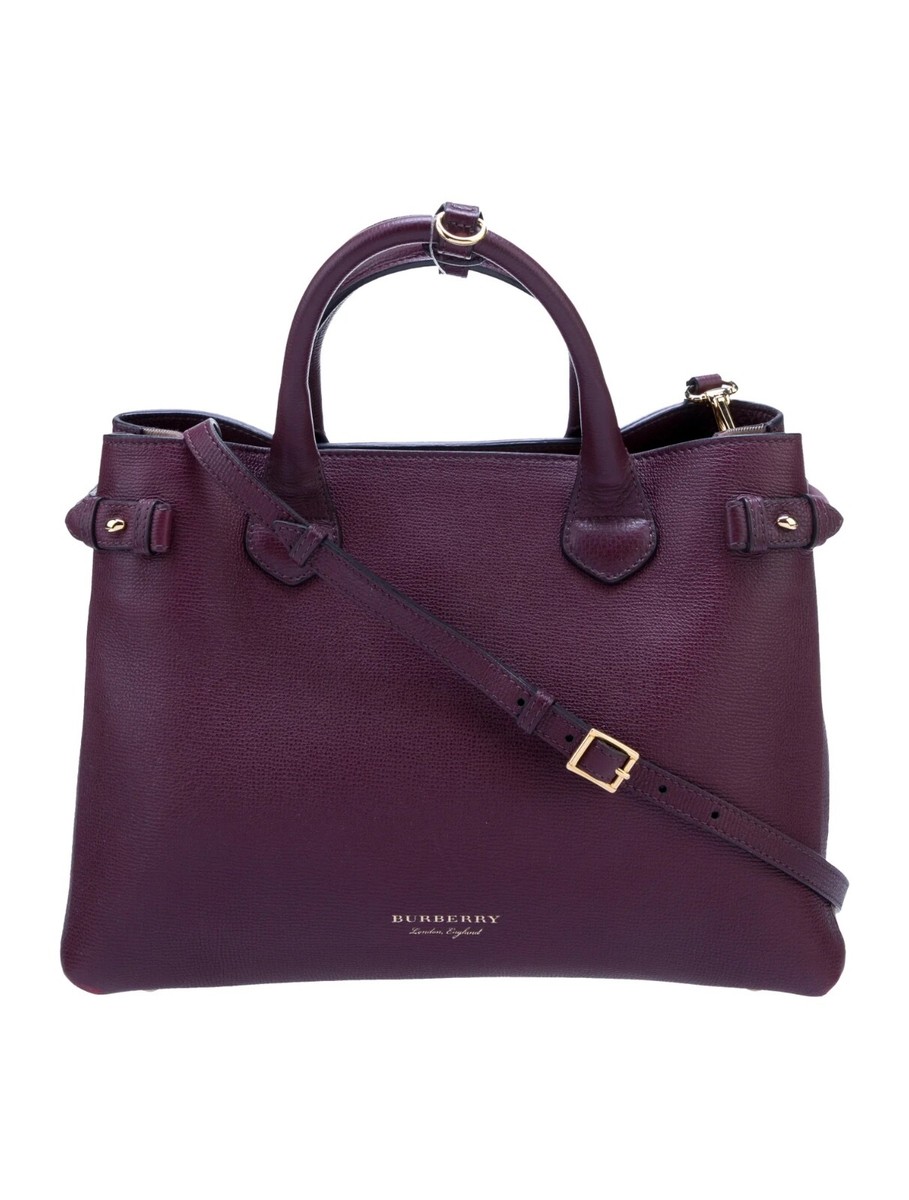 Burberry Burgundy Grainly Leather House Chck Banner Tote Should