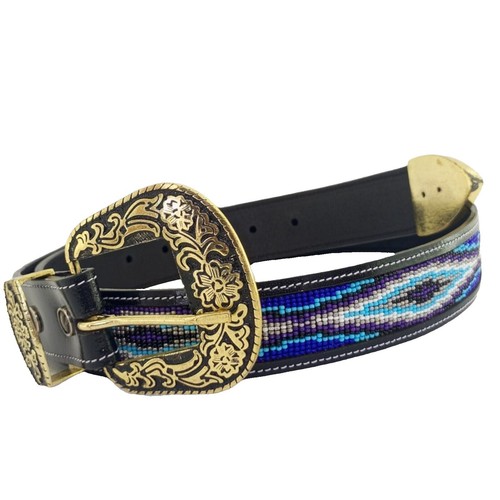 Vintage Jose Cotel Belt Leather Black /Gold Metal Wood Beads Made