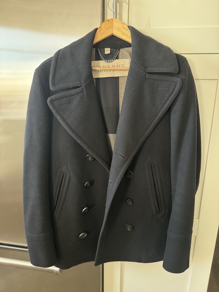 Burberry Brit Mens Wool Peacoat Size Small Black Double Breasted