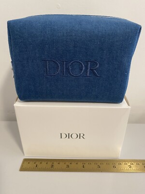 New DIOR Denim/Navy Embroidered Logo Cosmetic Zipper Trousse Pouch