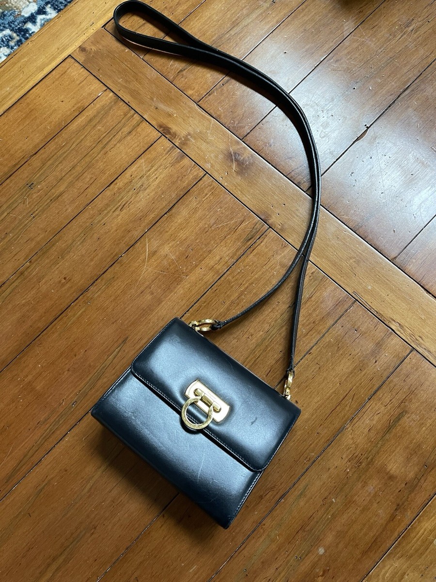 Authentic Salvatore Ferragamo Navy Blue Gancini Leather Crossbody