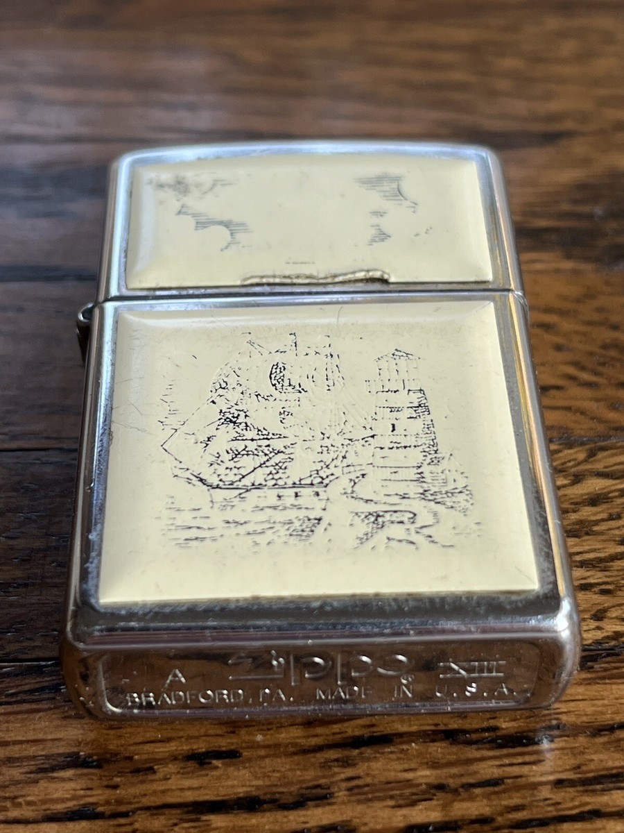 Vintage 1997 Zippo Lighter Nautical Scrimshaw Ship & Lighthouse