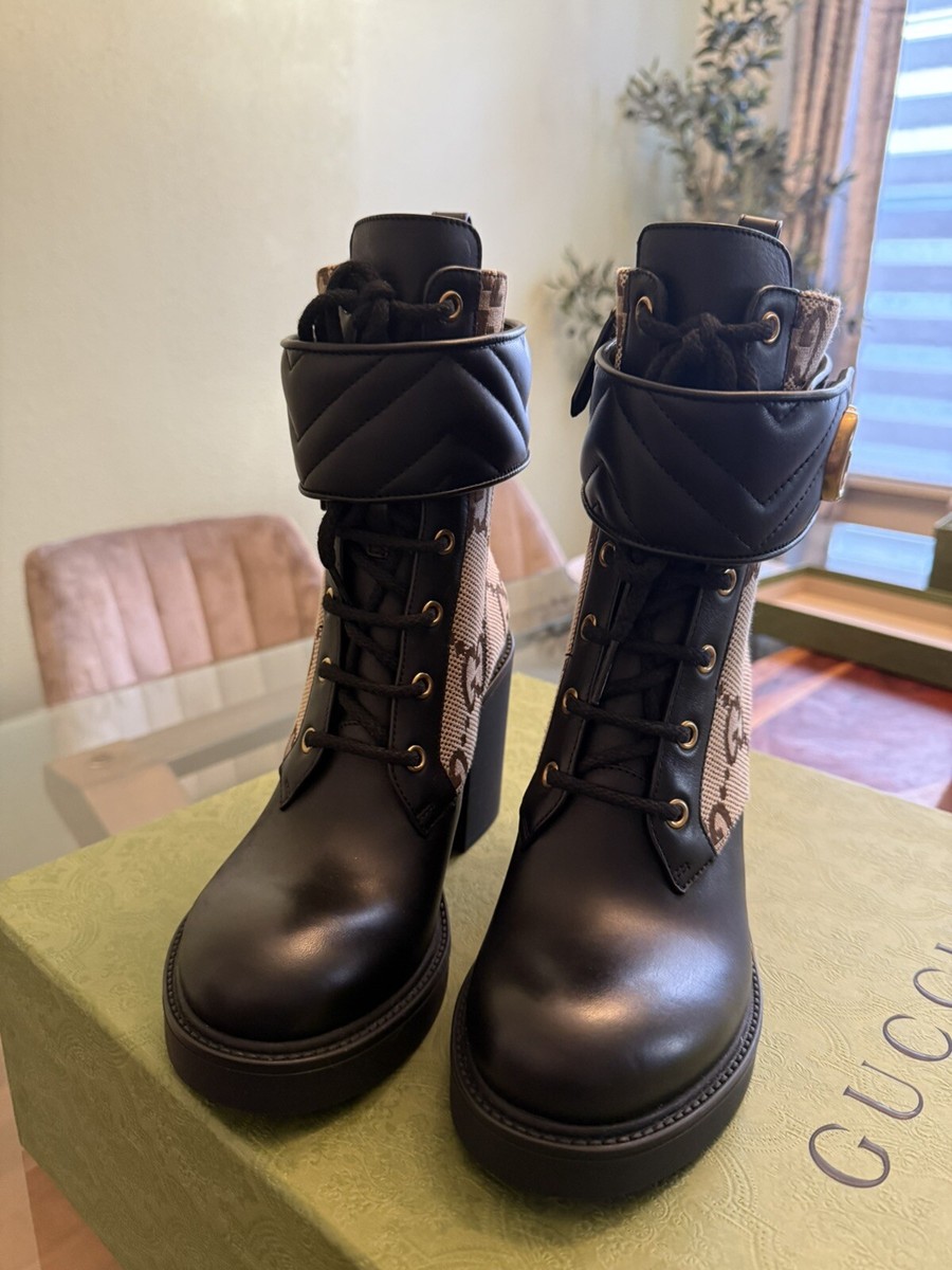 Gucci Women's Beige Ebony Black Jumbo GG Canvas Leather Logo Boots