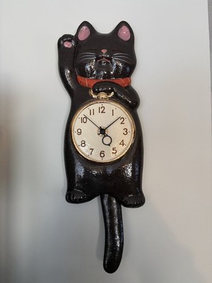 Japanese Black Lucky Cat Manekineko Wall Pendulum Clock Pottery