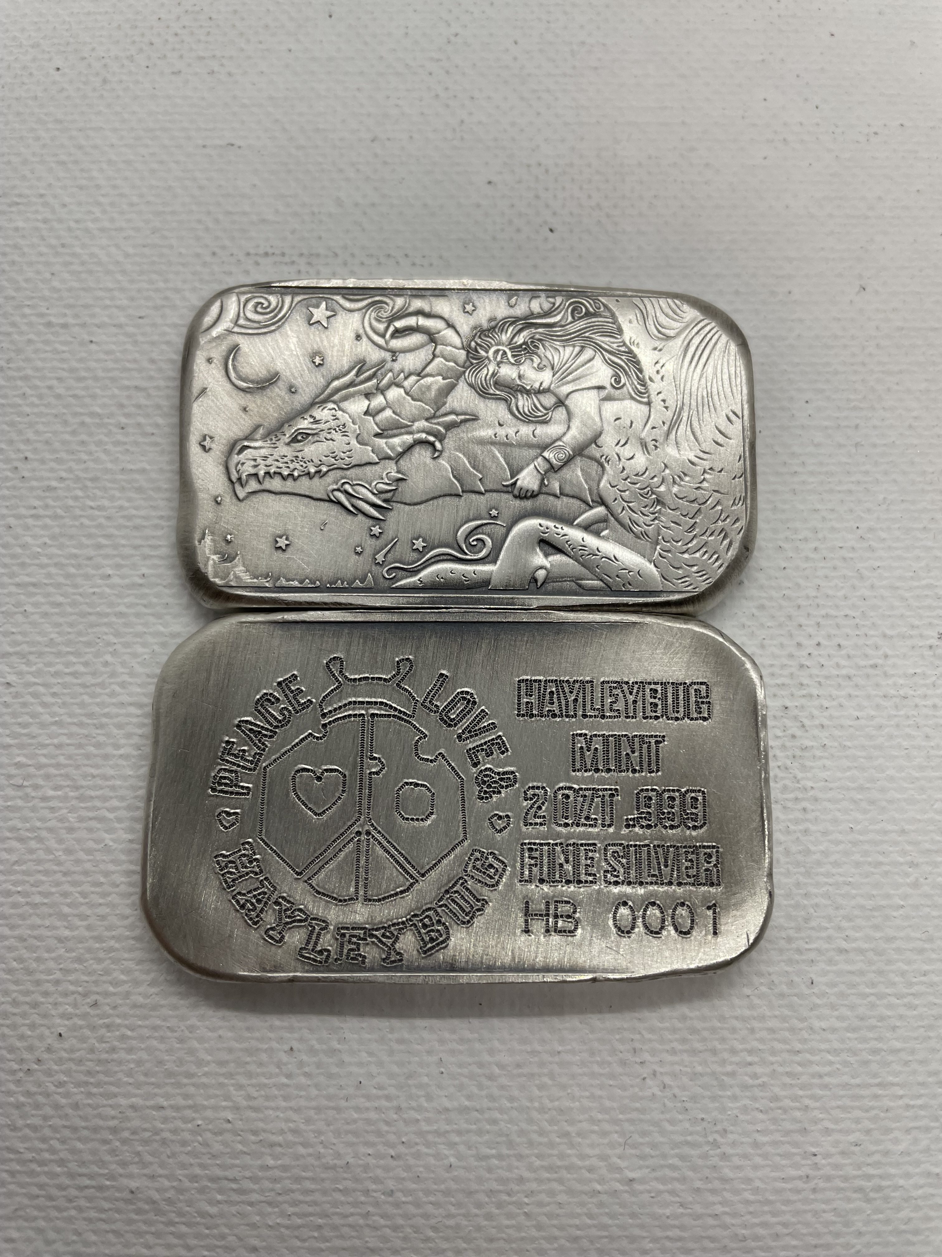 2 Ozt .999 Fine Silver Dragon Dream Bar with antique Finish. 1000