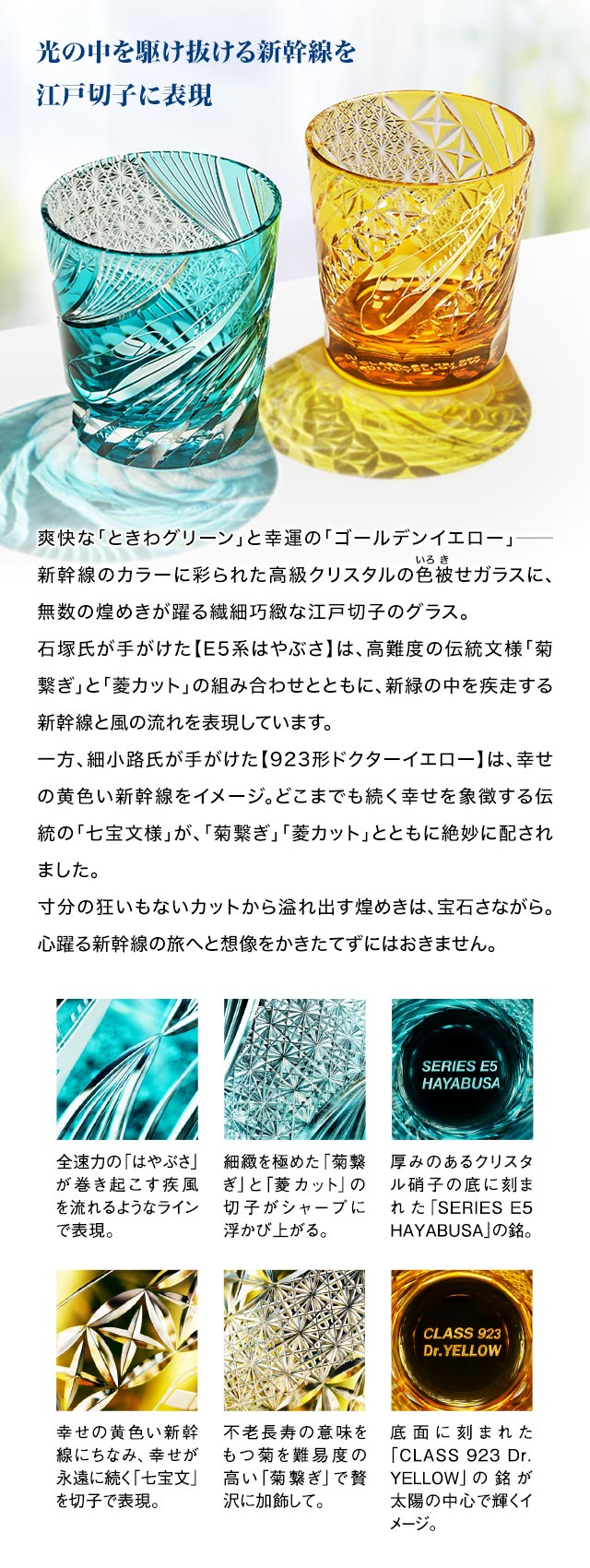 伝統工芸×新幹線 江戸切子グラス E5系はやぶさ／923形ドクターイエロー