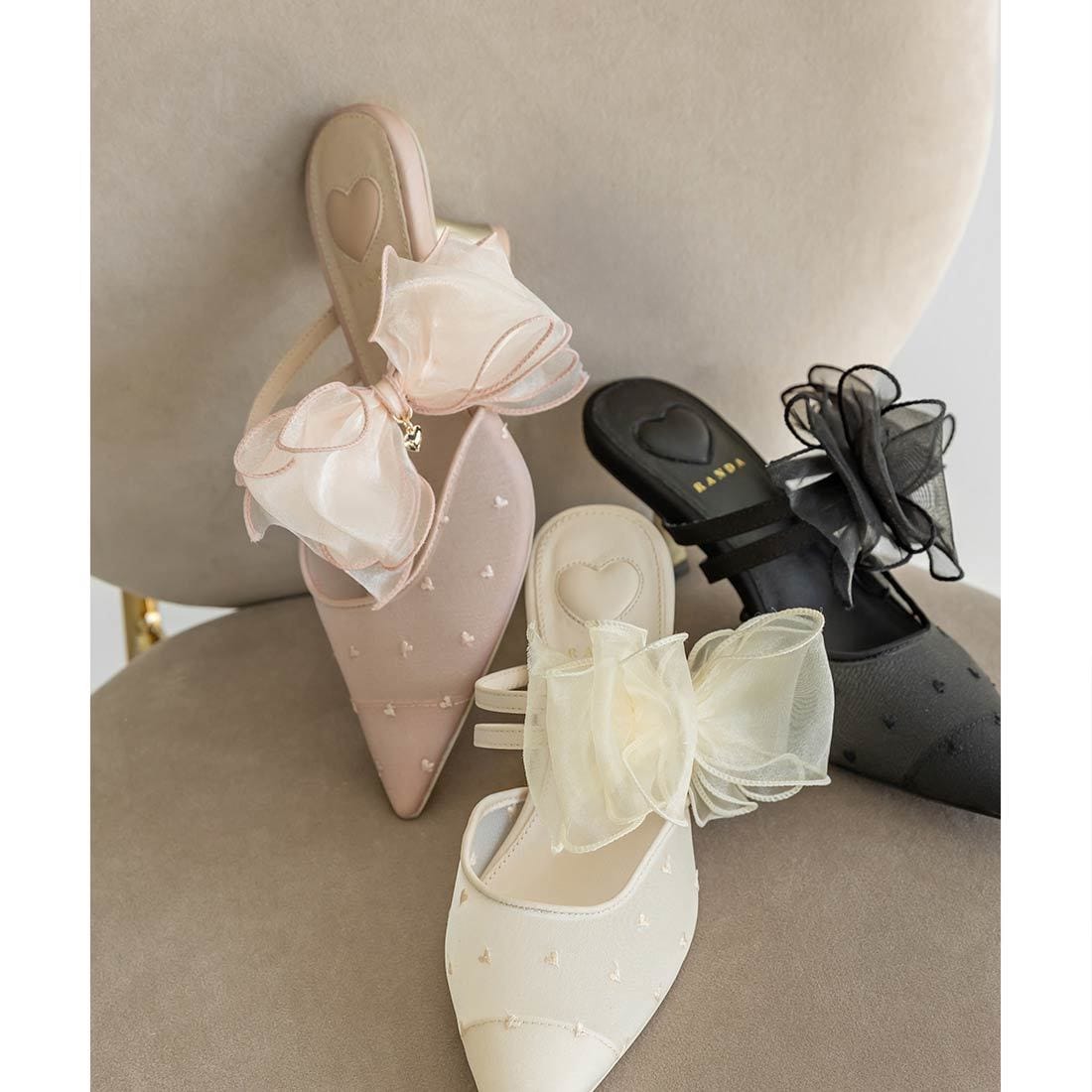 HEART COLLECTION】シフォンリボンハートミュールパンプス | ランダ