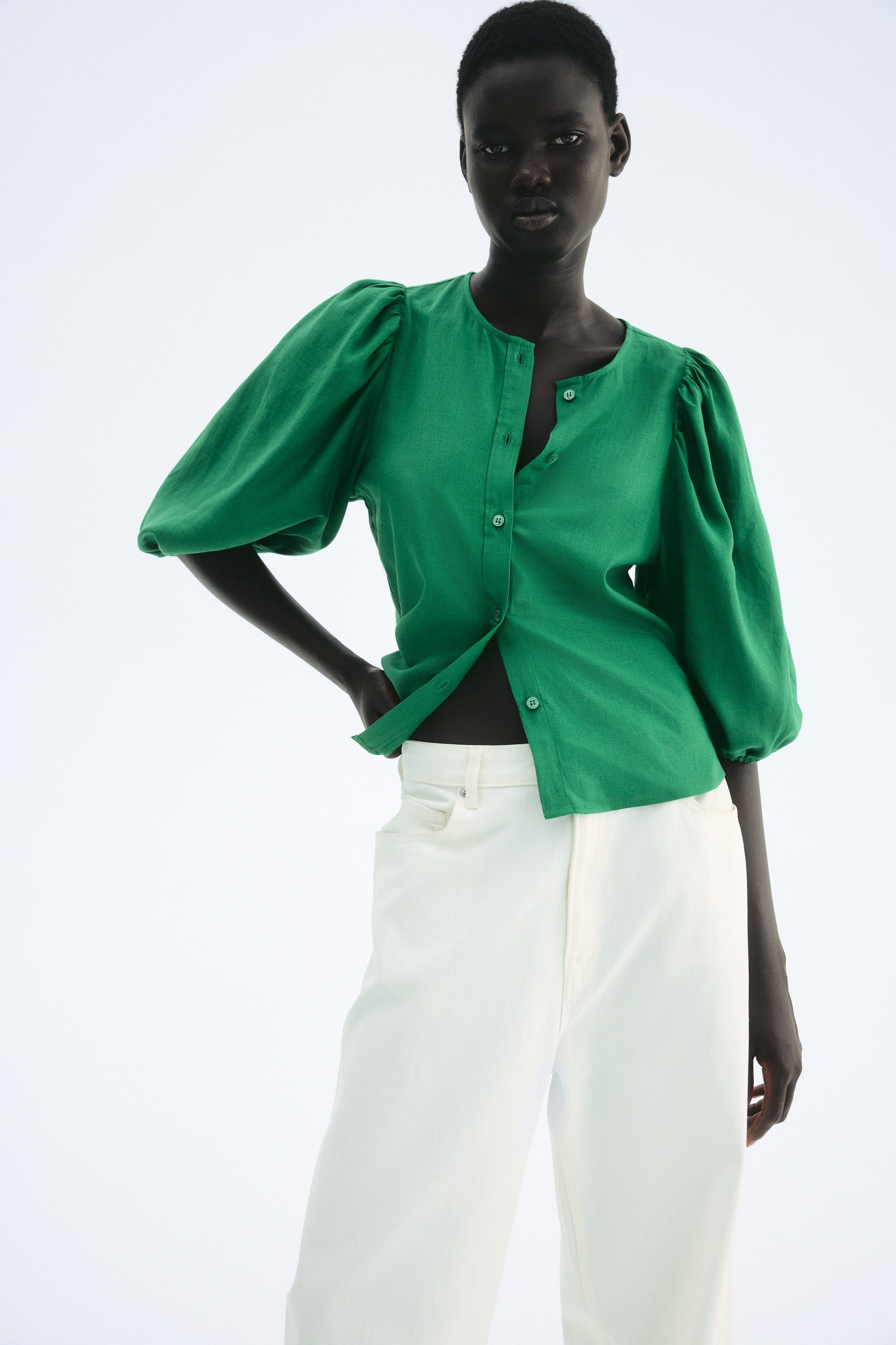 Women's Green Linen-Blend Blouse | H&M CA