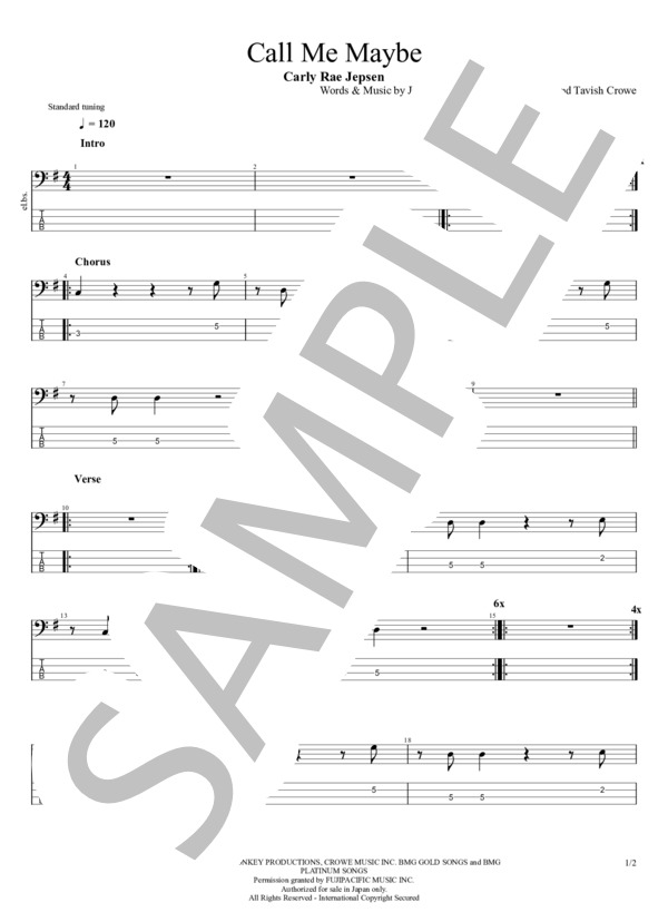 楽譜】Call Me Maybe / CARLY RAE JEPSEN (エレキベース / 初〜中級