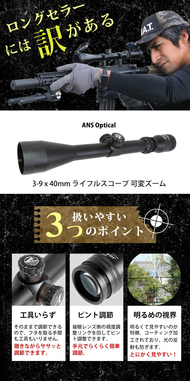 楽天市場】ANS Optical 3-9倍 可変ズーム 3-9x40 フルコーティング