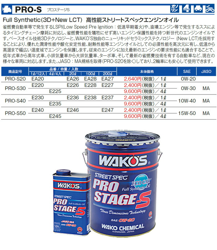 楽天市場】WAKO'S ワコーズ プロステージS20 粘度(0W-20) PRO-S20 EA26