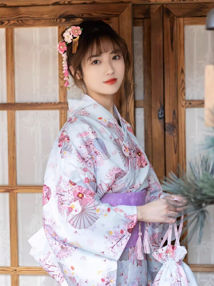 楽天市場】水色 ウサギ 浴衣 単品OR3点セット 着物 ブルー ピンク 桜