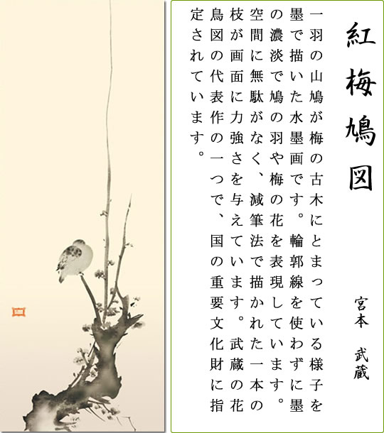 掛け軸-紅梅鳩図／宮本 武蔵(尺五) モダン オシャレ インテリア 床の間