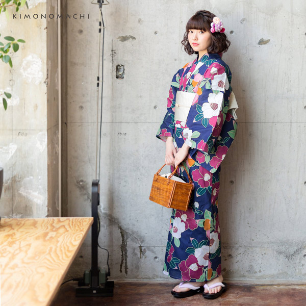 浴衣 レディース 単品 「椿 紺」 S F TL LL サイズ KIMONOMACHI 京都