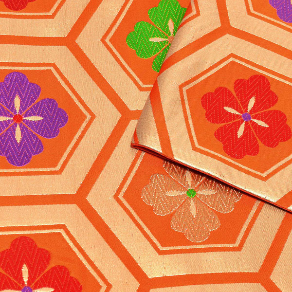 七五三 帯 7歳用 正絹袋帯 「朱色 亀甲花菱文」 未仕立て 西陣特選