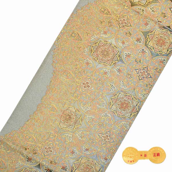 袋帯 カジュアル向け「灰緑 金銀鈿荘唐草」日本製 西陣織 西陣織証紙