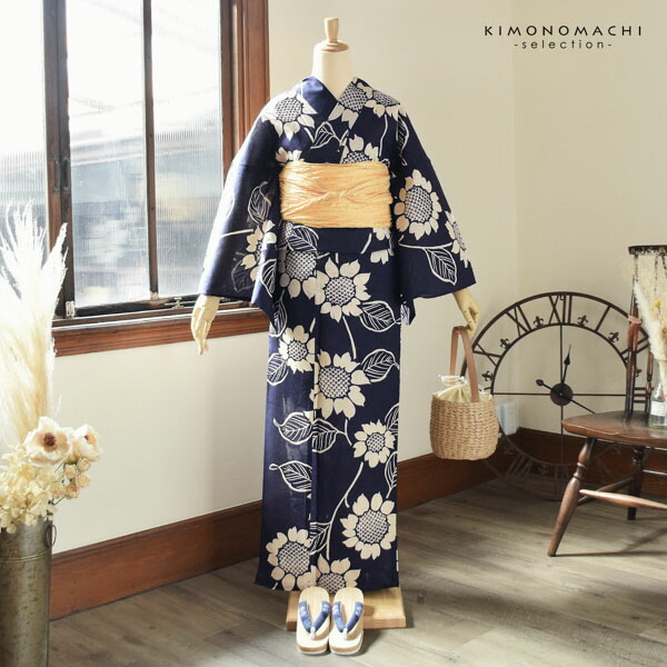 浴衣 レディース 女性浴衣単品 「花子倶楽部：ひまわり 紺」Fサイズ 綿