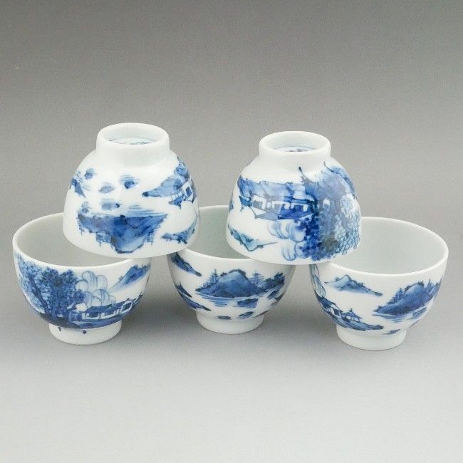 染付山水煎茶碗揃え 昭阿弥 - 京焼清水焼 松韻堂