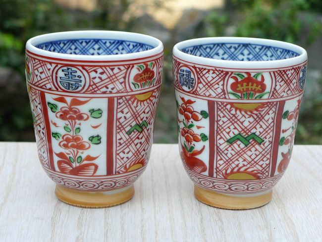 赤絵福禄寿夫婦湯呑 【送料無料】 - 京焼清水焼 松韻堂