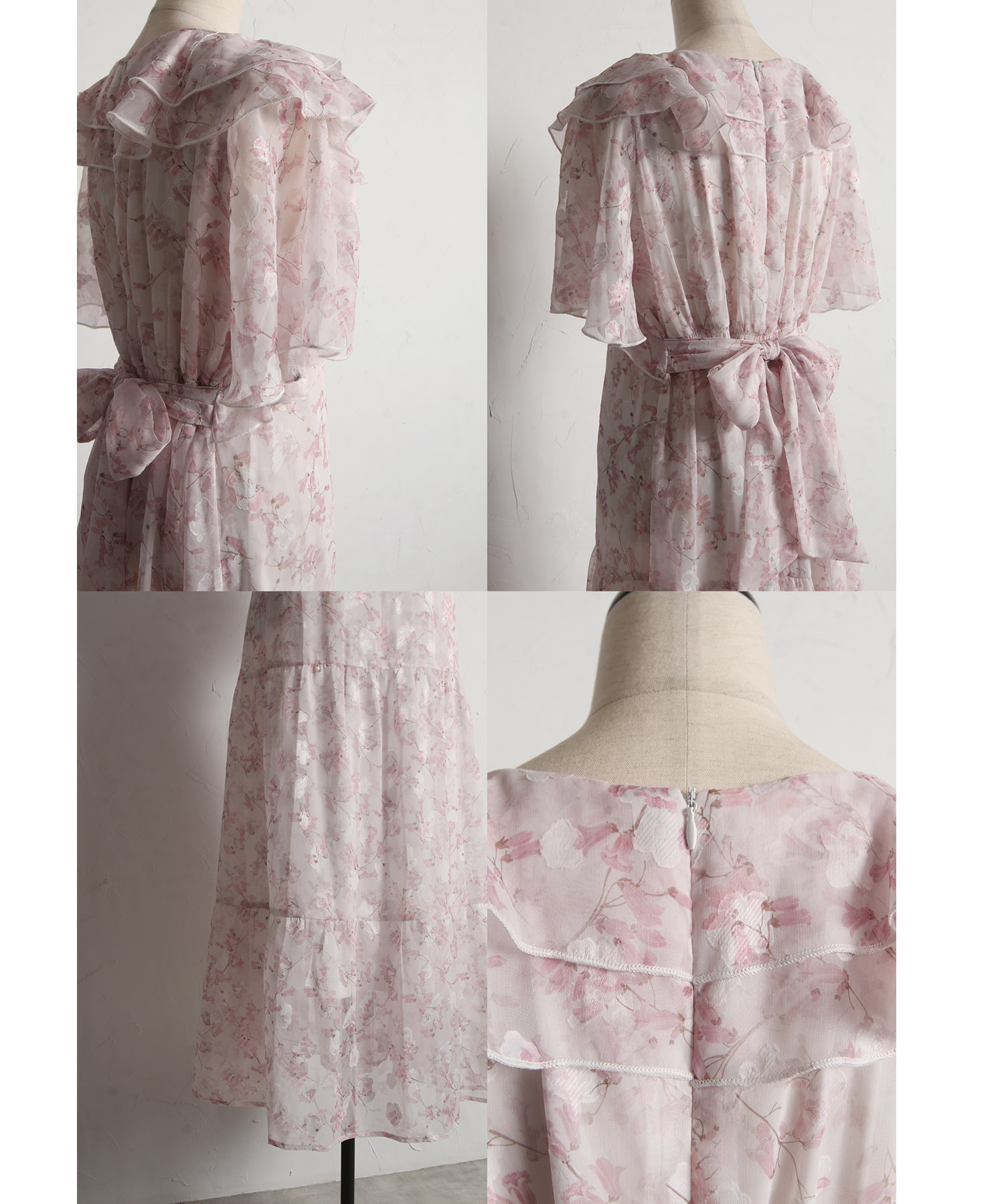 ウエストりぼん付きラッフルフリルフラワープリントティアードワンピース