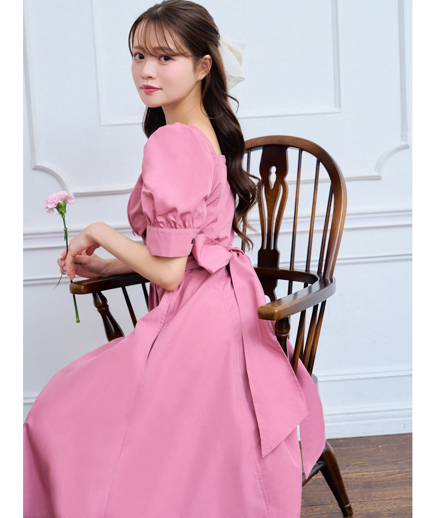 ポケット付きバックリボンウエストタックワンピース