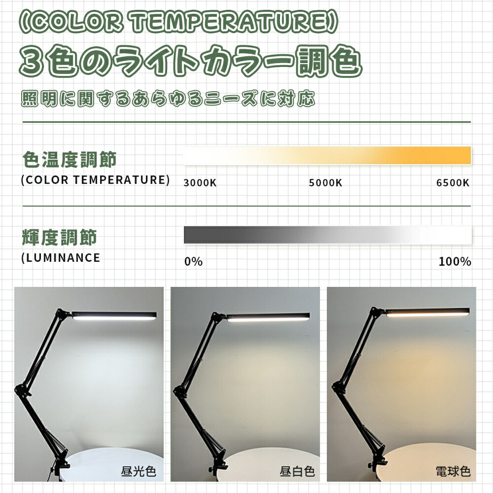 楽天市場】デスクライトled クランプライト アーム式 3段階調色 電球色