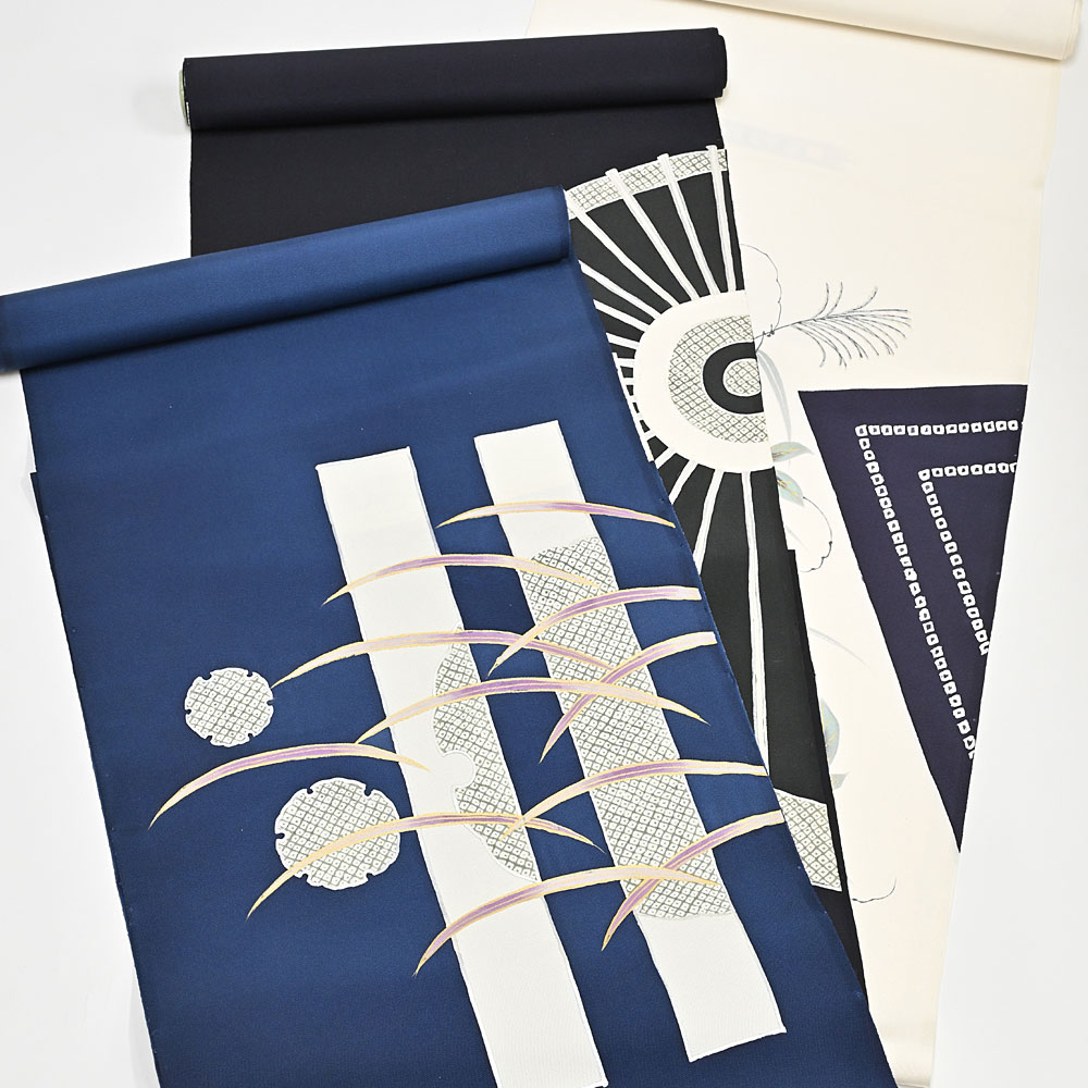 お仕立て代込＞名古屋帯 染め帯 九寸帯 塩瀬 雪輪 鹿の子 紺 お太鼓柄