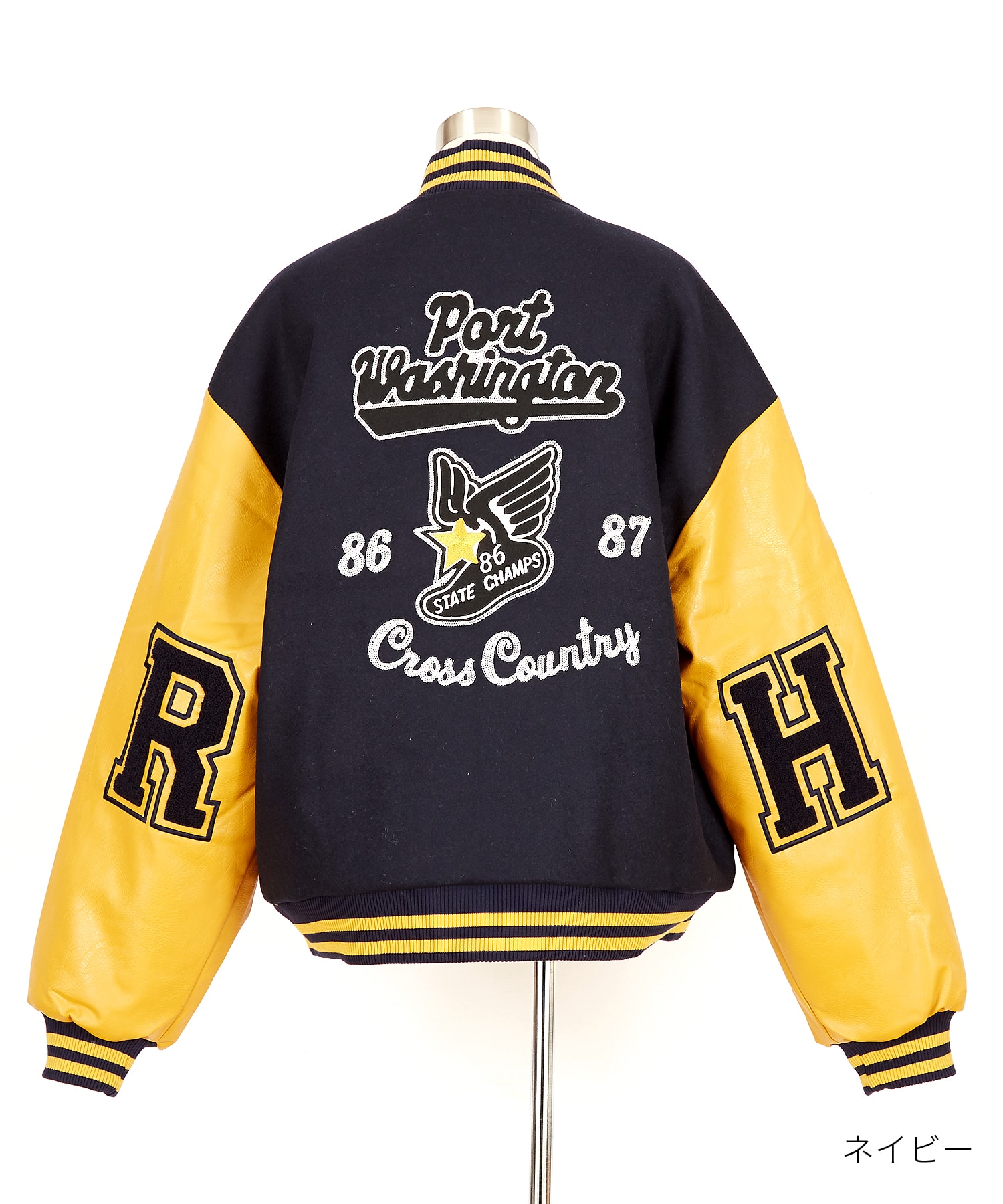 チェーンステッチ刺繍サガラワッペンウール＆合成皮革切替キルティング