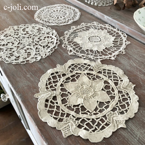 T3118 フランスアンティークレースドイリー4枚 リネンニードルポイント