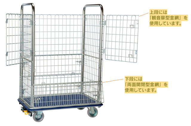 業界最安値】観音扉付金網台車(深型)NK307WDK観音扉金網を上下2段に