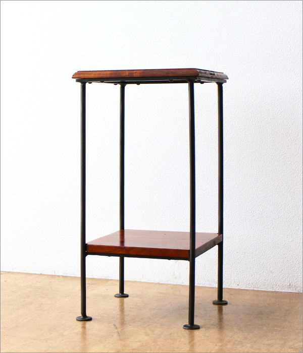 サイドテーブル 花台 木製 アイアン 棚付き 天然木 無垢材 アカシア