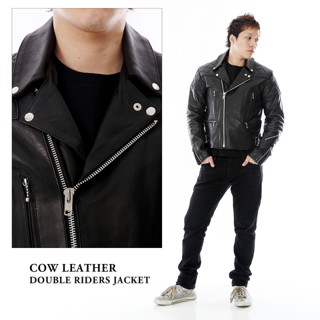 牛革 ダブルライダースジャケット パッド付き メンズ ブラック