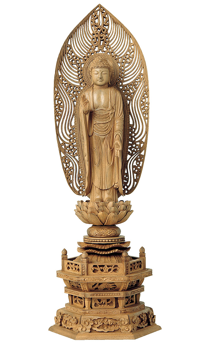 白檀 六角台座 舟立弥陀 舟型水煙光背 木地 3.5寸～5.0寸 | 激安仏壇