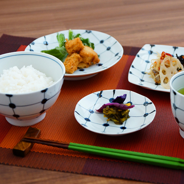 波佐見焼 福峰窯 点格子 茶碗 青