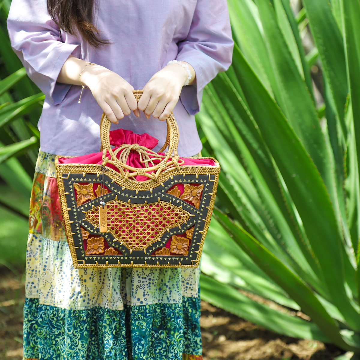 Midori Obi Arts花柄和装用バッグ 紺色 大きめ Midori Obi Arts花柄