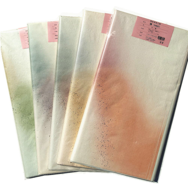 書道用紙聯落（1.75×7.5）金銀砂子振り41枚、玉紅50枚、おまけ水紋箋5枚 書道 加工紙 色画仙紙 聯落 1色×10枚<br>3色切継風ぼかし＋大小切箔