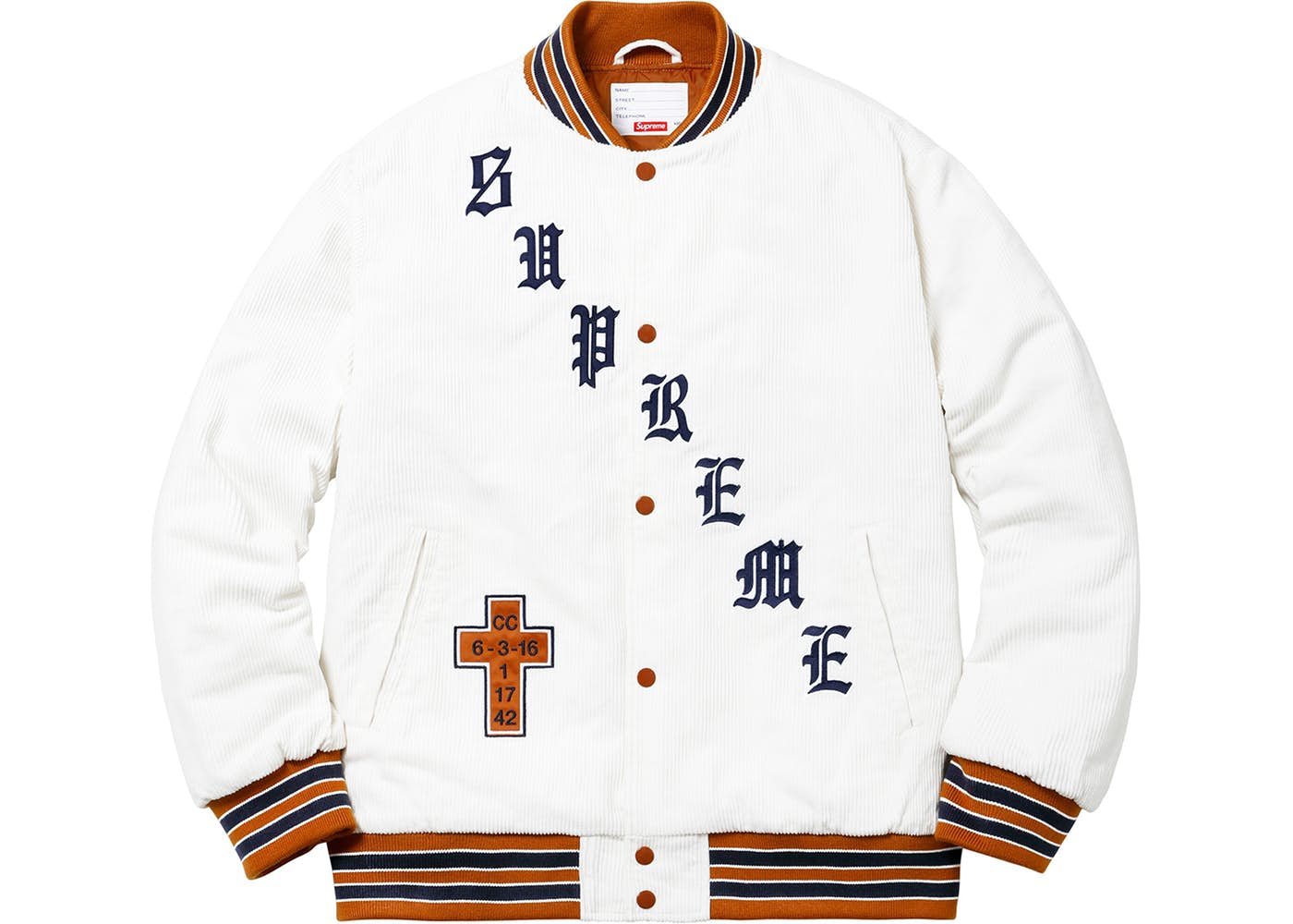 Supreme Old English Corduroy Varsity Jacket White Spring/Summer 2018