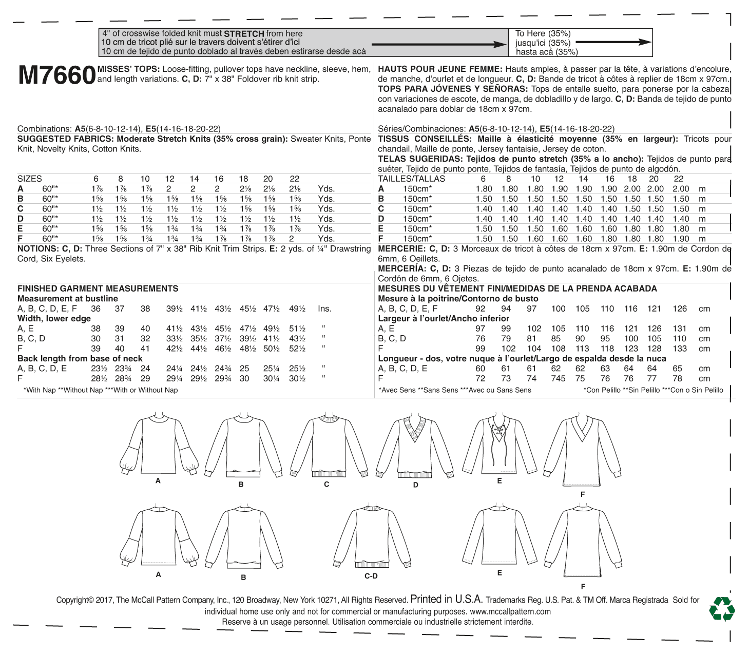 McCall's 7660 Misses' Tops with Neck and Sleeve Variations