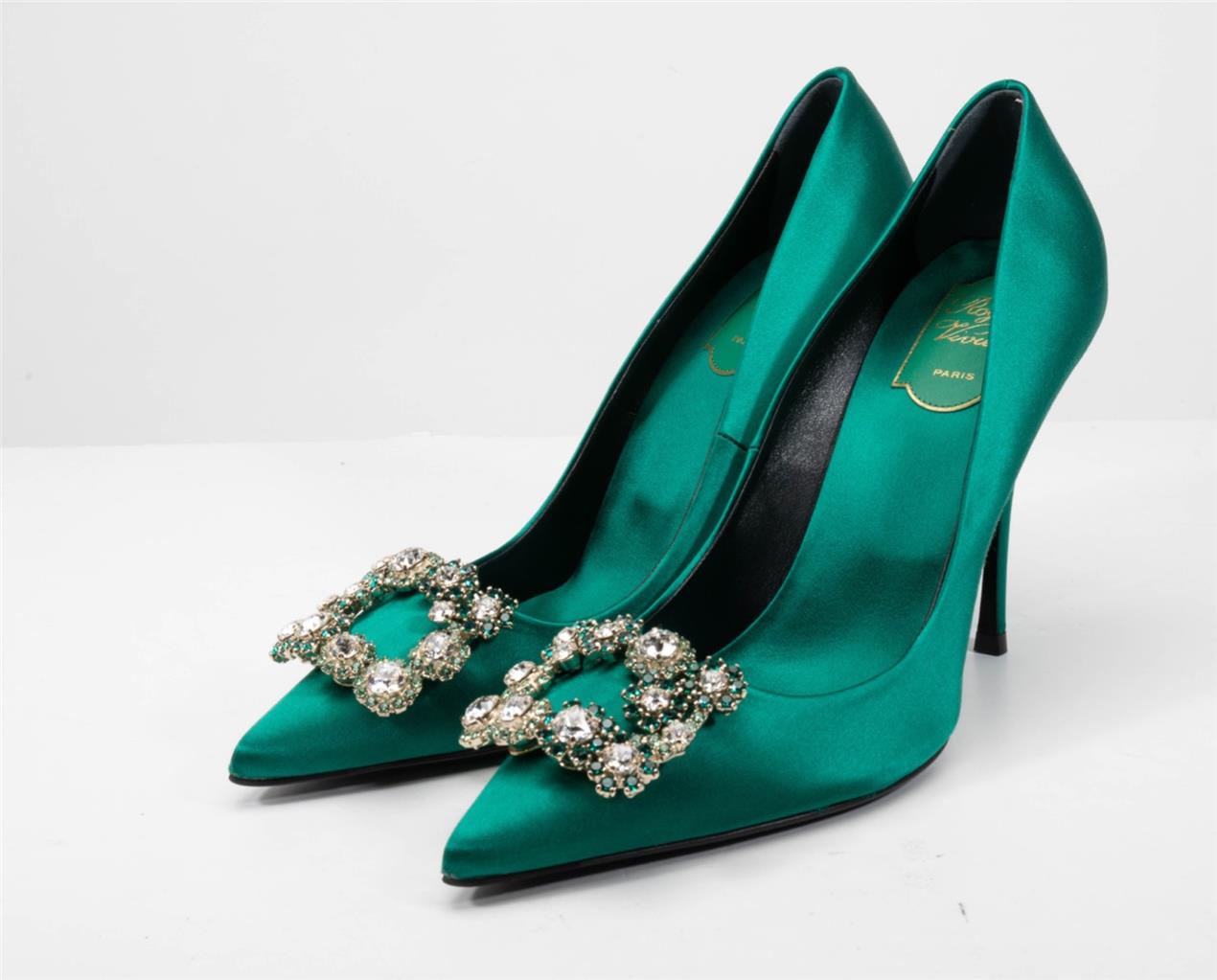ROGER VIVIER Emerald Satin Flower Strass Decolleté Crystal Buckle