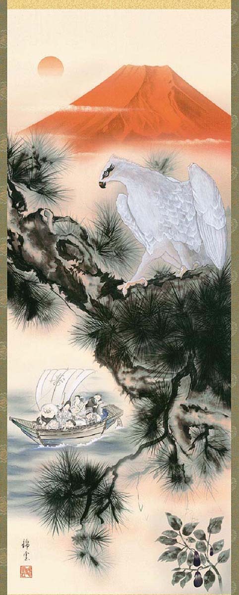 金運満願図 絹本彩色画 祝い軸【赤富士、白鷹、茄子 七福神宝舟】 桐箱