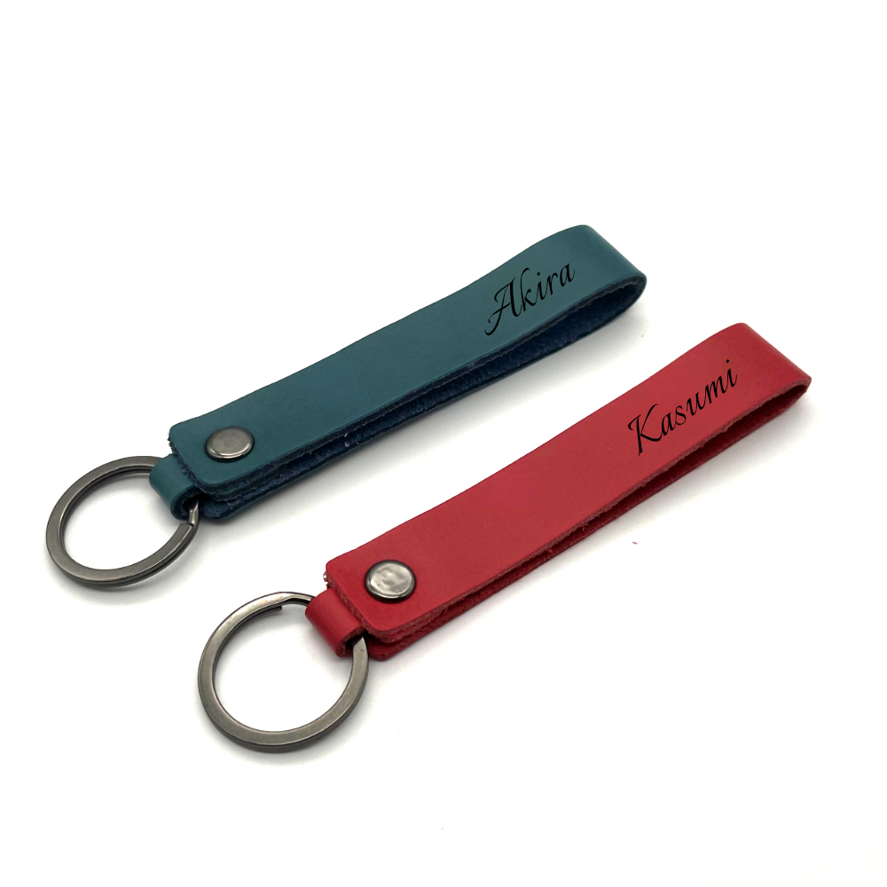 送料無料 ペア 名入れ 本革 スリム レザー キーホルダー 牛革 レーザー