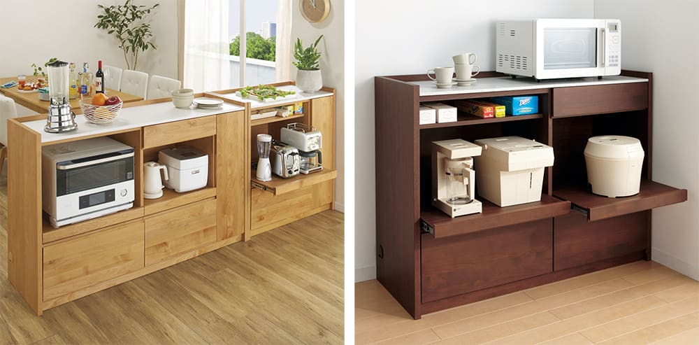 アルダー天然木人工大理石トップ 間仕切り家電収納キッチンカウンター