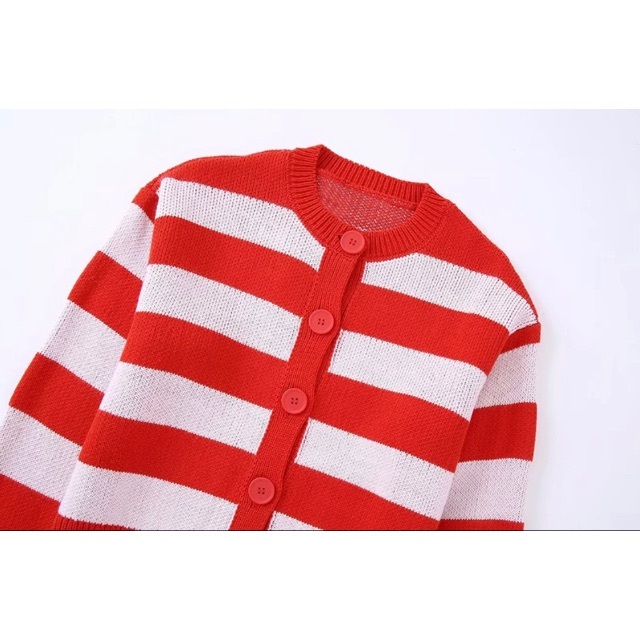 🌕9月新作🎑9105◇赤 白 ボーダー 柄 ニット カーディガンの通販 by