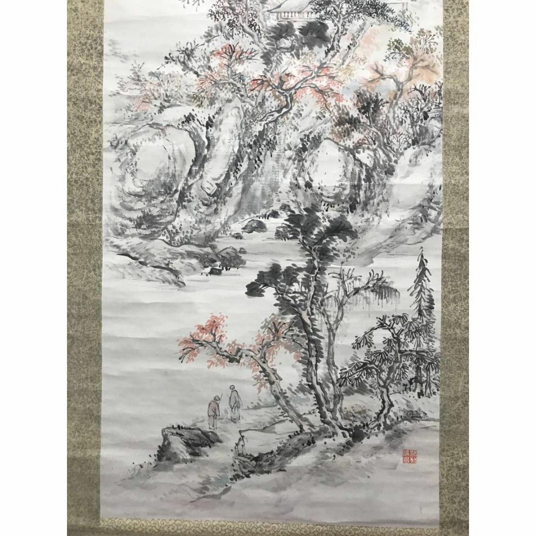 真作】森半逸/楓林煙寺/山水図/秋景山水図/掛軸☆宝船☆AC-744の通販