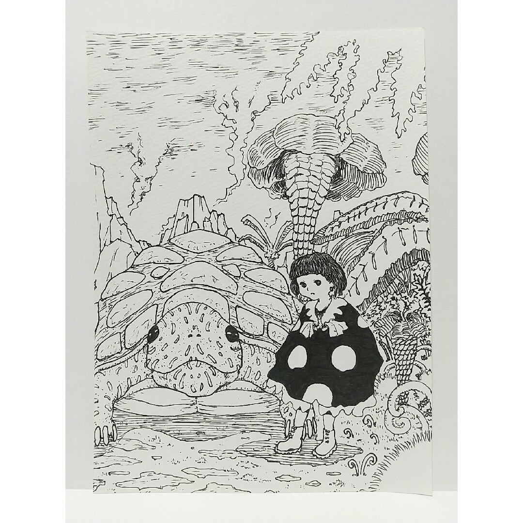 オリジナルイラスト 手描きイラスト 原始 ジャングル 亀 女の子 絵