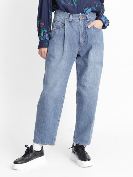 三つ編みゴールドリボン ドレープデニムテーパードストレートパンツ