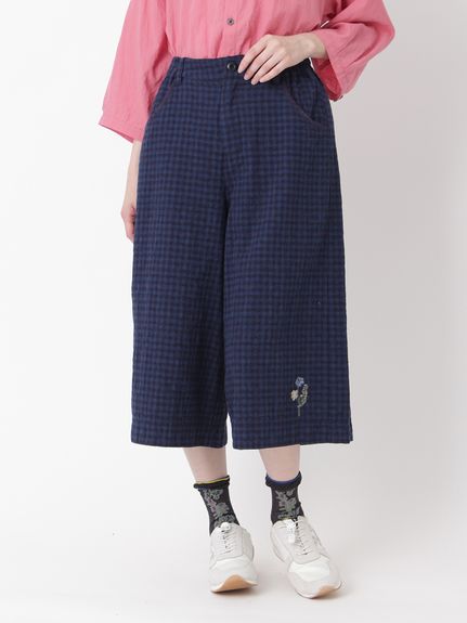 フラワーワンポイント刺繍 コットンブロークンドビーチェックガウチョ
