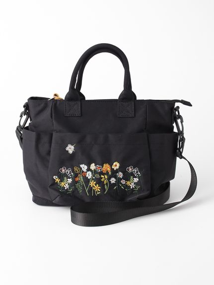 glanta」フローラルハーモニー刺繍スクエアトートショルダーバッグ