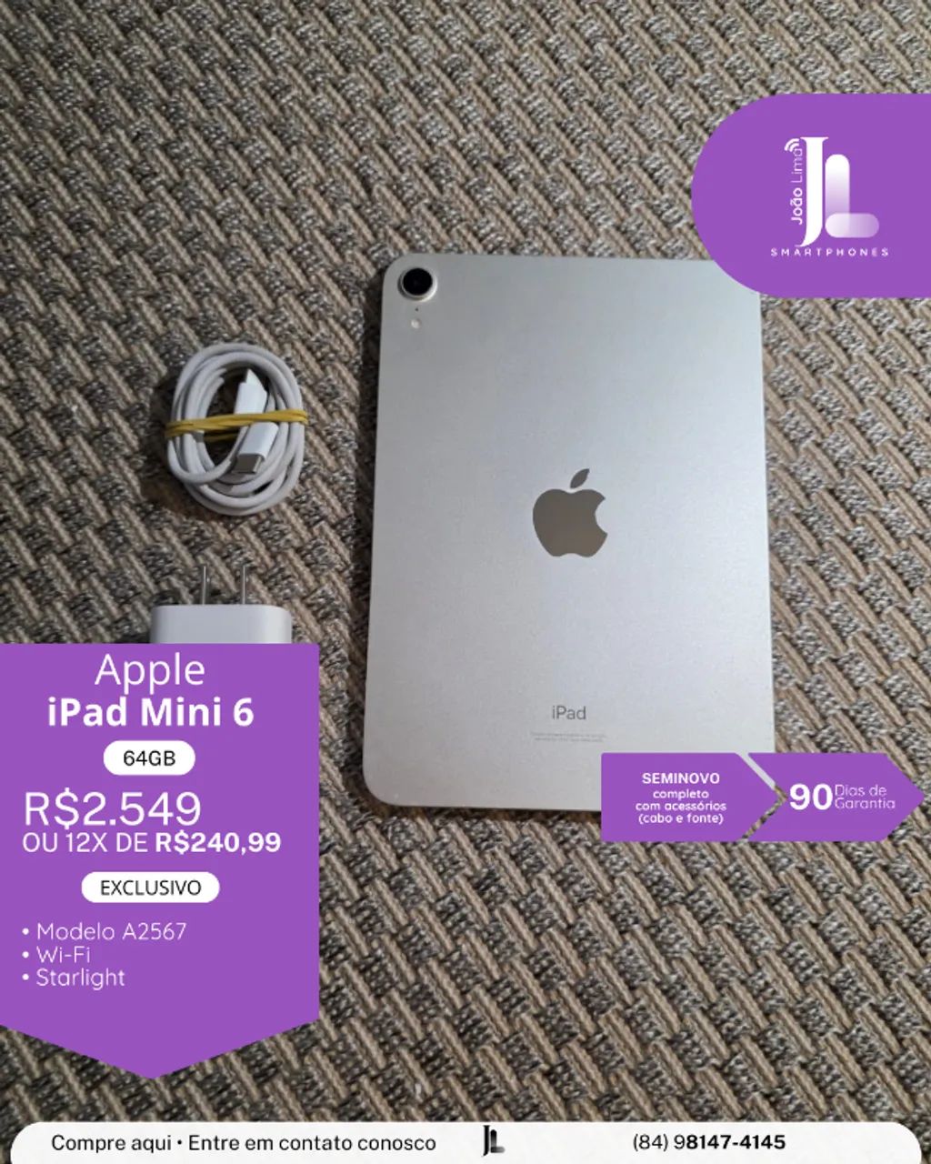 IPAD MINI 6, 64GB, STARLIGHT, SEM CAIXA, SEMINOVO, EXCLUSIVO
