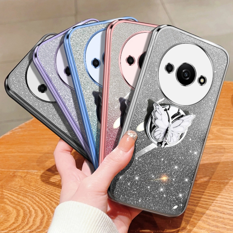 Redmi A3用メッキグラデーショングリッターバタフライホルダーTPU電話